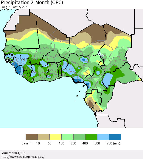 Western Africa Precipitation 2-Month (CPC) Thematic Map For 8/6/2021 - 10/5/2021