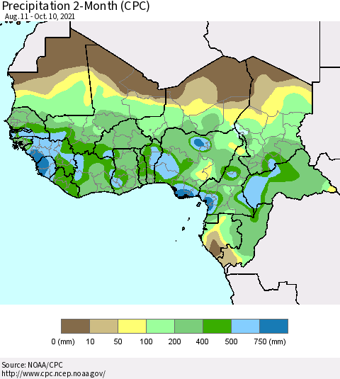Western Africa Precipitation 2-Month (CPC) Thematic Map For 8/11/2021 - 10/10/2021