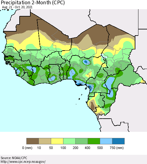 Western Africa Precipitation 2-Month (CPC) Thematic Map For 8/21/2021 - 10/20/2021