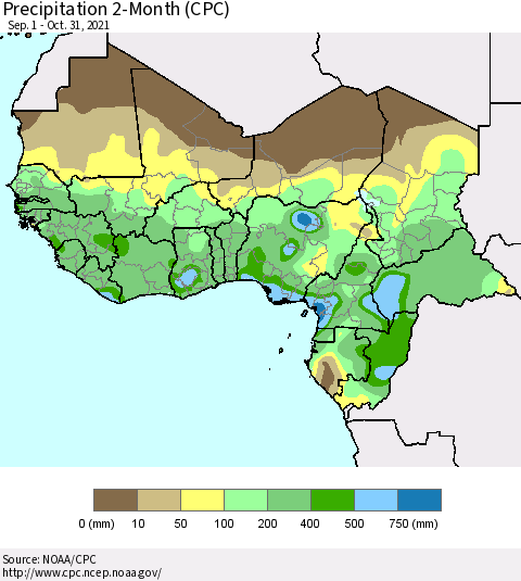 Western Africa Precipitation 2-Month (CPC) Thematic Map For 9/1/2021 - 10/31/2021