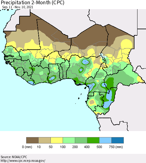 Western Africa Precipitation 2-Month (CPC) Thematic Map For 9/11/2021 - 11/10/2021