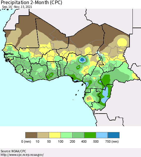 Western Africa Precipitation 2-Month (CPC) Thematic Map For 9/16/2021 - 11/15/2021