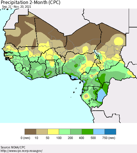 Western Africa Precipitation 2-Month (CPC) Thematic Map For 9/21/2021 - 11/20/2021