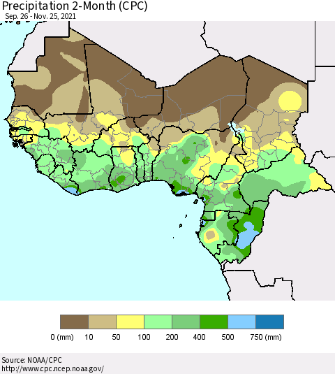 Western Africa Precipitation 2-Month (CPC) Thematic Map For 9/26/2021 - 11/25/2021