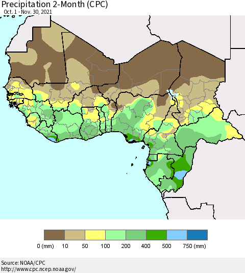 Western Africa Precipitation 2-Month (CPC) Thematic Map For 10/1/2021 - 11/30/2021