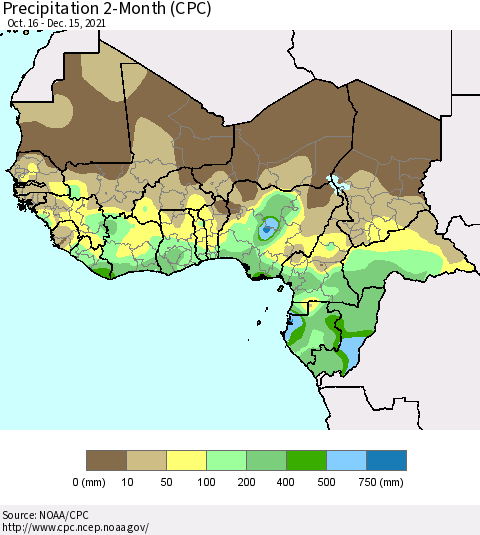 Western Africa Precipitation 2-Month (CPC) Thematic Map For 10/16/2021 - 12/15/2021