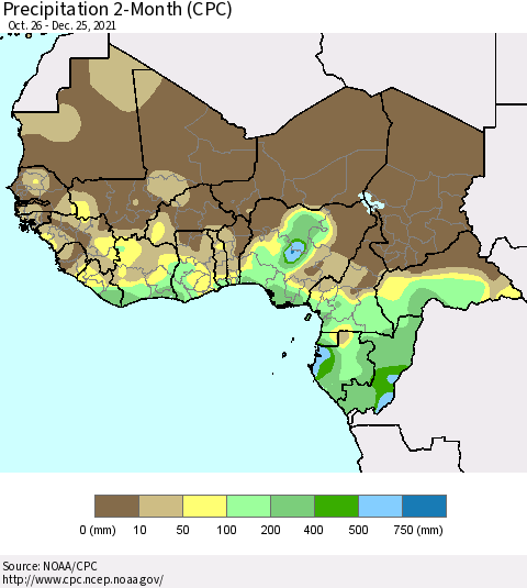 Western Africa Precipitation 2-Month (CPC) Thematic Map For 10/26/2021 - 12/25/2021