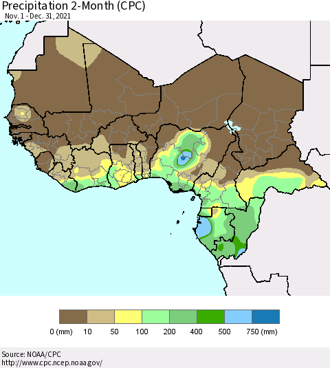 Western Africa Precipitation 2-Month (CPC) Thematic Map For 11/1/2021 - 12/31/2021