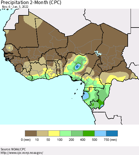 Western Africa Precipitation 2-Month (CPC) Thematic Map For 11/6/2021 - 1/5/2022