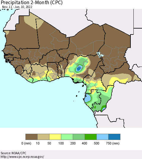 Western Africa Precipitation 2-Month (CPC) Thematic Map For 11/11/2021 - 1/10/2022