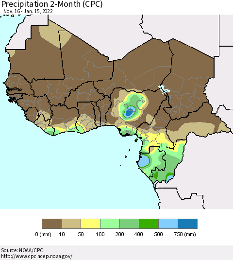 Western Africa Precipitation 2-Month (CPC) Thematic Map For 11/16/2021 - 1/15/2022