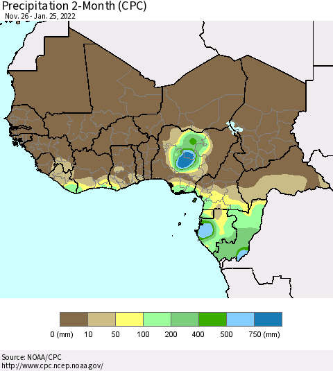 Western Africa Precipitation 2-Month (CPC) Thematic Map For 11/26/2021 - 1/25/2022