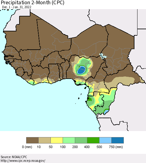 Western Africa Precipitation 2-Month (CPC) Thematic Map For 12/1/2021 - 1/31/2022