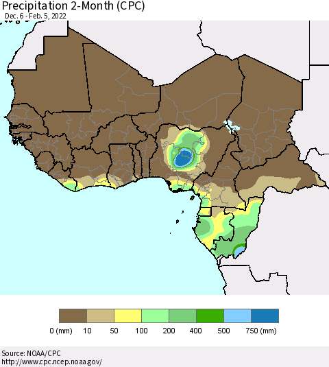 Western Africa Precipitation 2-Month (CPC) Thematic Map For 12/6/2021 - 2/5/2022