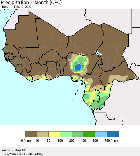 Western Africa Precipitation 2-Month (CPC) Thematic Map For 12/11/2021 - 2/10/2022