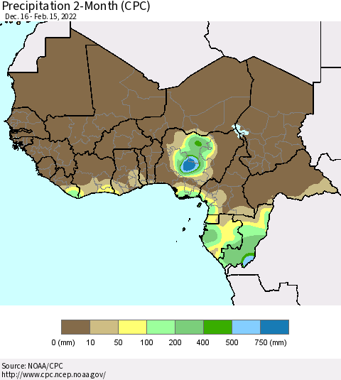 Western Africa Precipitation 2-Month (CPC) Thematic Map For 12/16/2021 - 2/15/2022