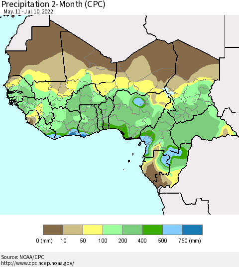 Western Africa Precipitation 2-Month (CPC) Thematic Map For 5/11/2022 - 7/10/2022