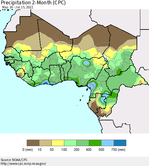 Western Africa Precipitation 2-Month (CPC) Thematic Map For 5/16/2022 - 7/15/2022