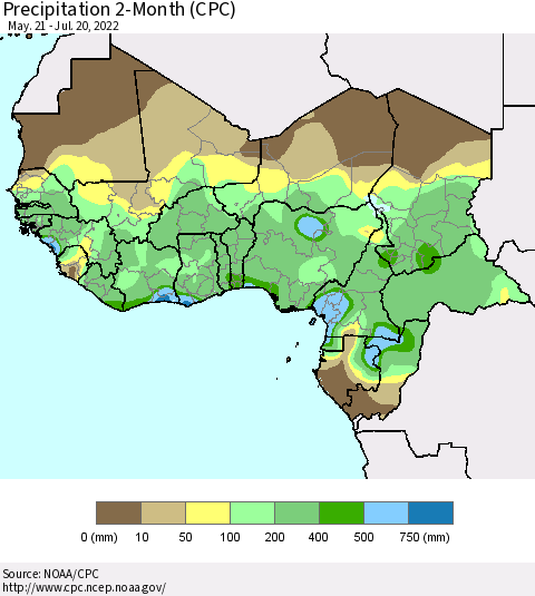 Western Africa Precipitation 2-Month (CPC) Thematic Map For 5/21/2022 - 7/20/2022