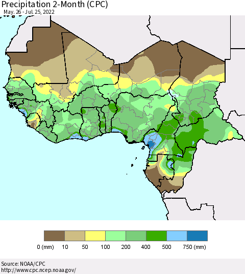 Western Africa Precipitation 2-Month (CPC) Thematic Map For 5/26/2022 - 7/25/2022