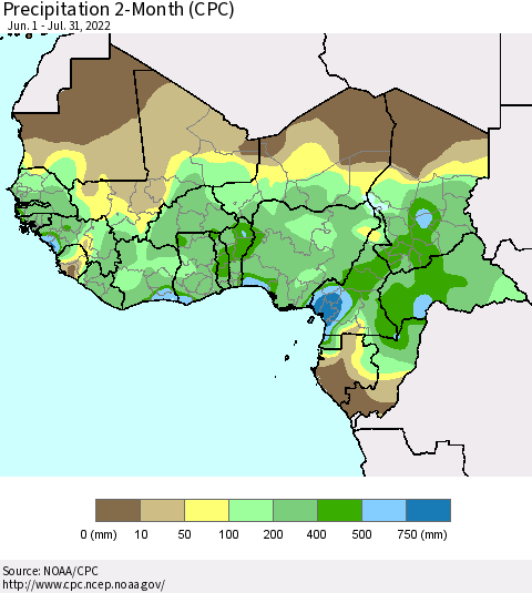 Western Africa Precipitation 2-Month (CPC) Thematic Map For 6/1/2022 - 7/31/2022