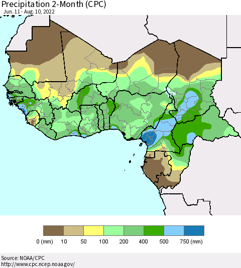 Western Africa Precipitation 2-Month (CPC) Thematic Map For 6/11/2022 - 8/10/2022