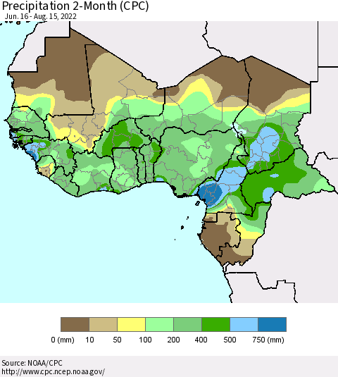 Western Africa Precipitation 2-Month (CPC) Thematic Map For 6/16/2022 - 8/15/2022