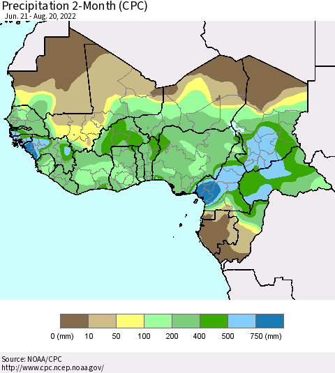 Western Africa Precipitation 2-Month (CPC) Thematic Map For 6/21/2022 - 8/20/2022