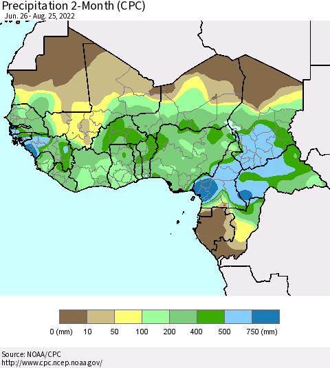 Western Africa Precipitation 2-Month (CPC) Thematic Map For 6/26/2022 - 8/25/2022