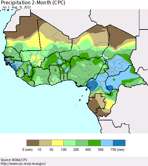 Western Africa Precipitation 2-Month (CPC) Thematic Map For 7/1/2022 - 8/31/2022