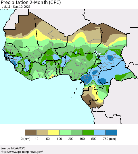 Western Africa Precipitation 2-Month (CPC) Thematic Map For 7/11/2022 - 9/10/2022