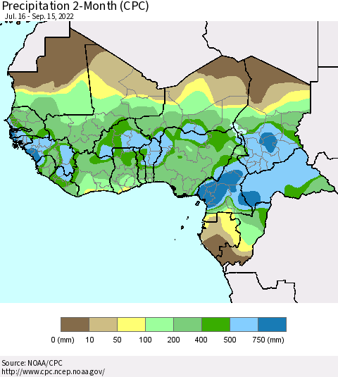 Western Africa Precipitation 2-Month (CPC) Thematic Map For 7/16/2022 - 9/15/2022