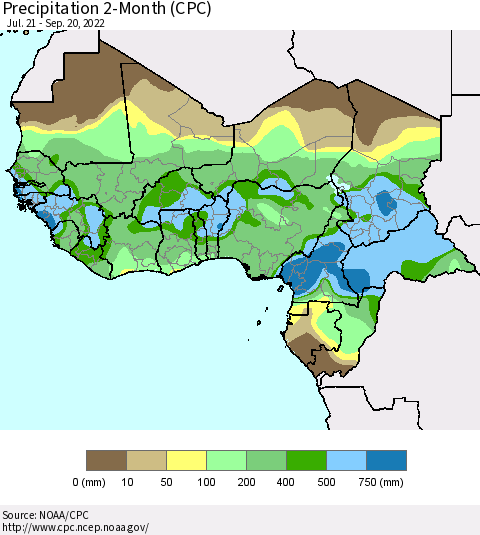 Western Africa Precipitation 2-Month (CPC) Thematic Map For 7/21/2022 - 9/20/2022