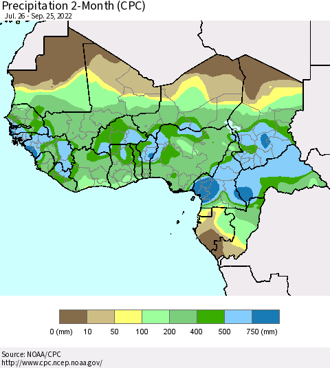 Western Africa Precipitation 2-Month (CPC) Thematic Map For 7/26/2022 - 9/25/2022