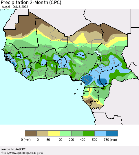 Western Africa Precipitation 2-Month (CPC) Thematic Map For 8/6/2022 - 10/5/2022