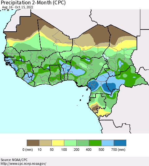 Western Africa Precipitation 2-Month (CPC) Thematic Map For 8/16/2022 - 10/15/2022
