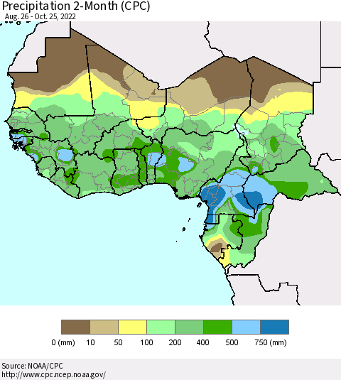 Western Africa Precipitation 2-Month (CPC) Thematic Map For 8/26/2022 - 10/25/2022