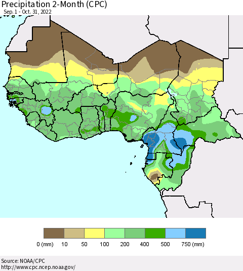 Western Africa Precipitation 2-Month (CPC) Thematic Map For 9/1/2022 - 10/31/2022