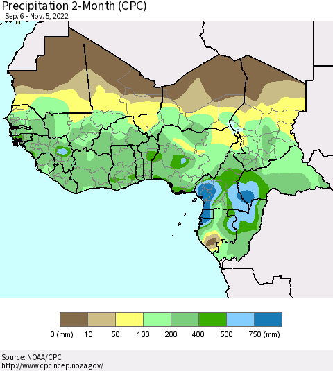 Western Africa Precipitation 2-Month (CPC) Thematic Map For 9/6/2022 - 11/5/2022