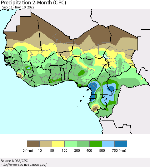 Western Africa Precipitation 2-Month (CPC) Thematic Map For 9/11/2022 - 11/10/2022