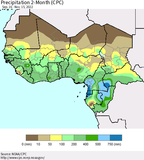 Western Africa Precipitation 2-Month (CPC) Thematic Map For 9/16/2022 - 11/15/2022