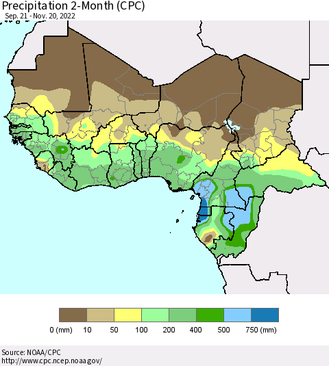 Western Africa Precipitation 2-Month (CPC) Thematic Map For 9/21/2022 - 11/20/2022