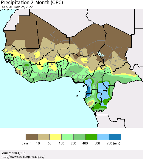 Western Africa Precipitation 2-Month (CPC) Thematic Map For 9/26/2022 - 11/25/2022
