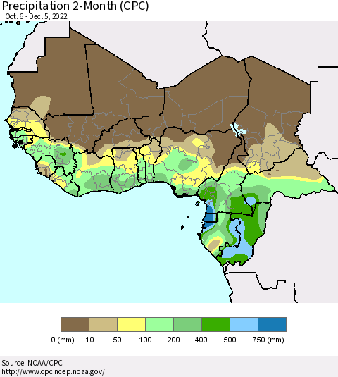 Western Africa Precipitation 2-Month (CPC) Thematic Map For 10/6/2022 - 12/5/2022