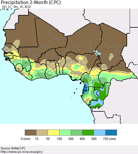 Western Africa Precipitation 2-Month (CPC) Thematic Map For 10/11/2022 - 12/10/2022