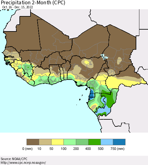 Western Africa Precipitation 2-Month (CPC) Thematic Map For 10/16/2022 - 12/15/2022