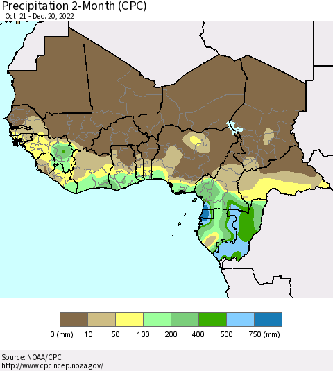 Western Africa Precipitation 2-Month (CPC) Thematic Map For 10/21/2022 - 12/20/2022