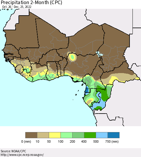 Western Africa Precipitation 2-Month (CPC) Thematic Map For 10/26/2022 - 12/25/2022