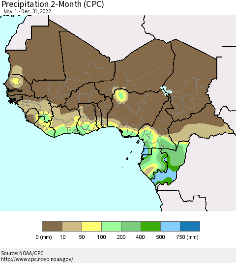 Western Africa Precipitation 2-Month (CPC) Thematic Map For 11/1/2022 - 12/31/2022