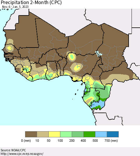 Western Africa Precipitation 2-Month (CPC) Thematic Map For 11/6/2022 - 1/5/2023